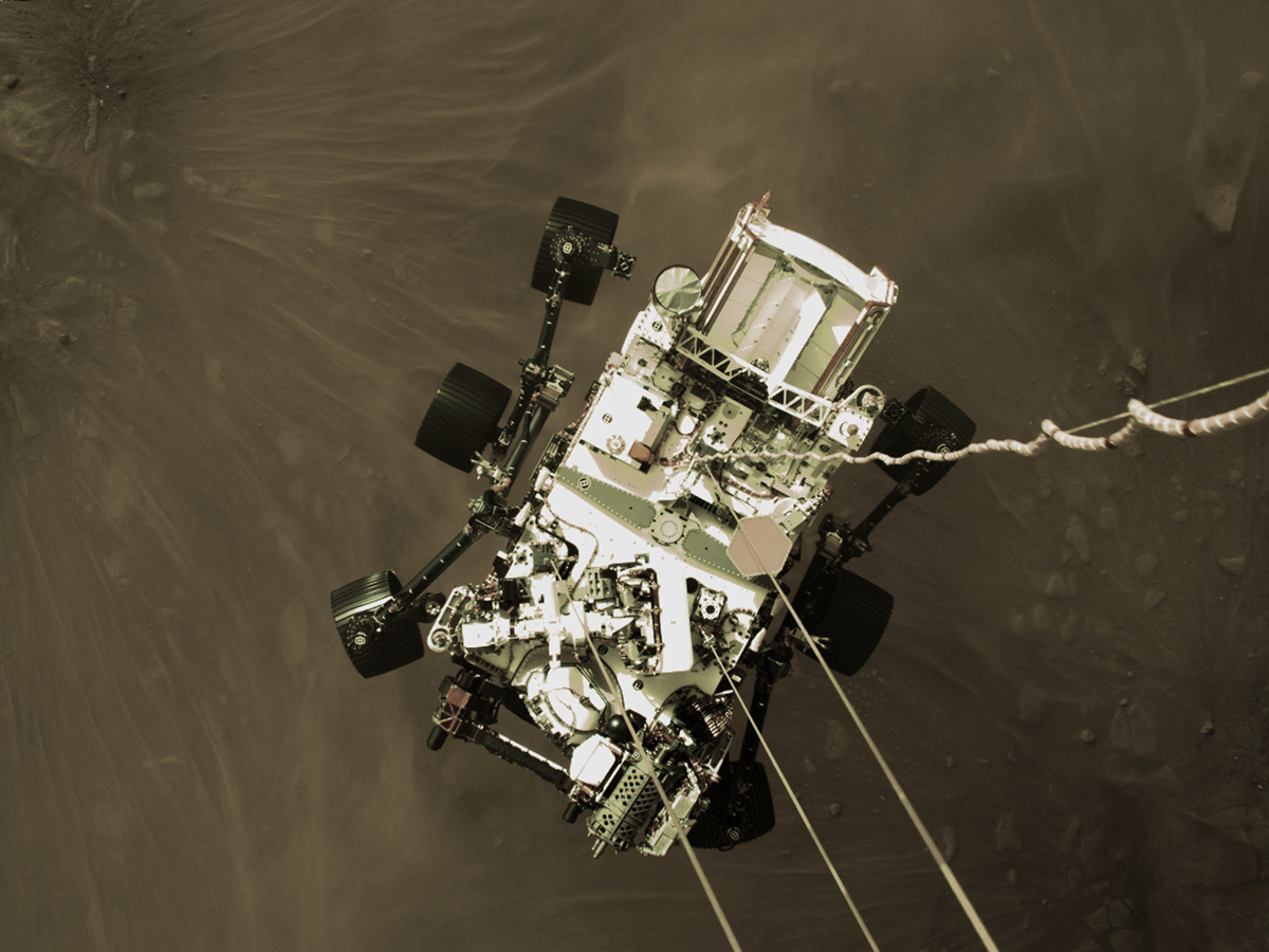 High-resolution still image of NASA’s Perseverance rover touching down on Mars on Feb. 18, 2021.