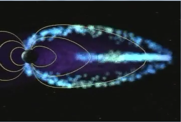 Still image from video, showing Earth's magnetosphere being distorted by a solar blast.