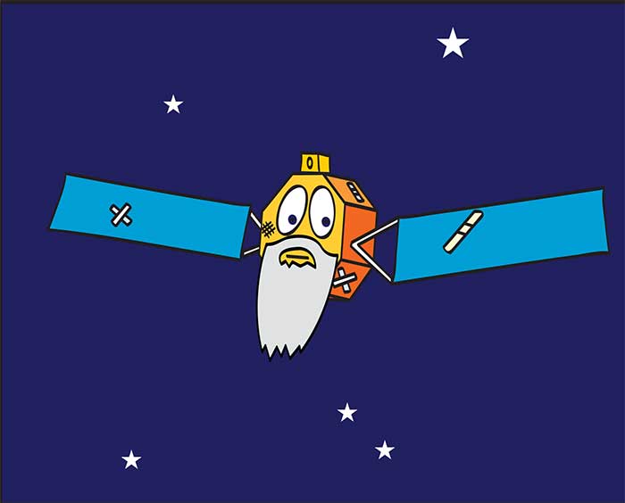 Cartoon of old, worn out spacecraft, with long grey beard and patches on solar panels.