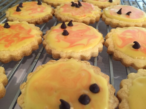 picture of sunspot cookies with chocolate chips and frosting swirls