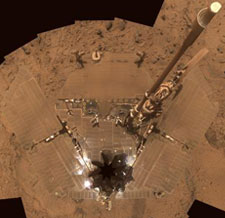 The Spirit rover’s solar panels covered in dust.