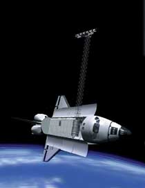 Artwork of Shuttle Radar Topography Mission mapping the Earth below.